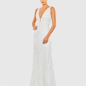 Mac Duggal White Sequined Plunge Neck Sleeveless Column Gown